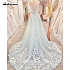 Lakshmigown Plunging V Neck A-Line Lace Tulle Sleeveless Wedding Dress Lace Bridal Gown Boho Country Beach Princess Wedding Gown
