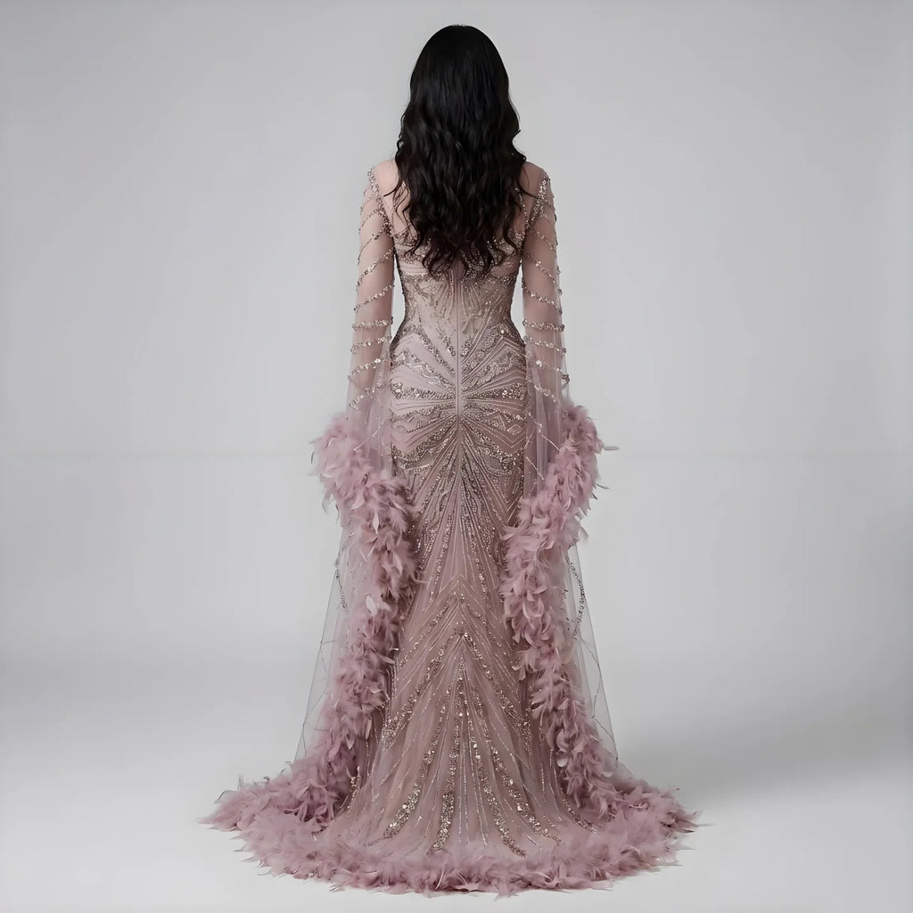 Serene Hill Pink Luxury Beaded Mermaid Evening Dress Gowns with Feathers for Formal Occasion Customized DLA72708A