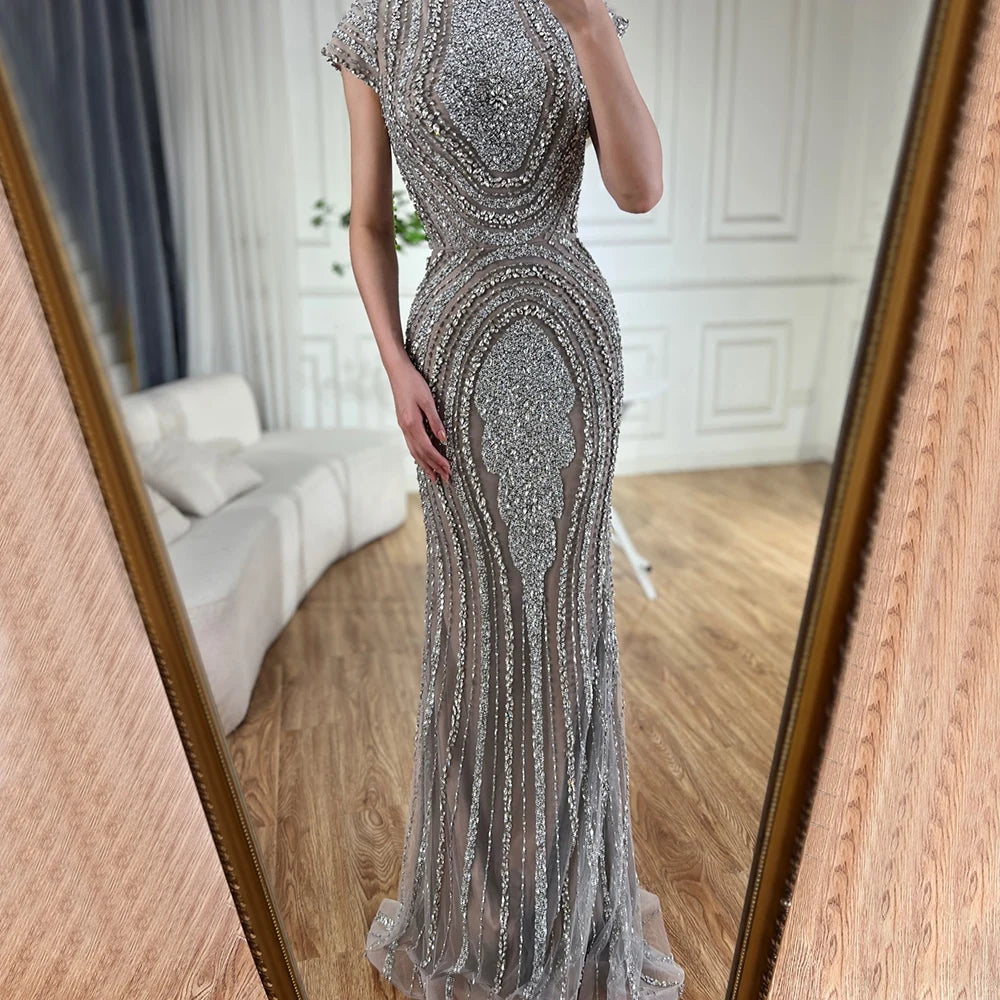 Serene Hill Gray Nude Cap Sleeves Mermaid Beaded Luxury Evening Dresses Formal Party Gowns for Women DLA72344 Customized