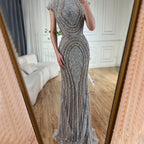 Serene Hill Gray Nude Cap Sleeves Mermaid Beaded Luxury Evening Dresses Formal Party Gowns for Women DLA72344 Customized