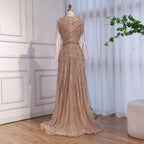 Serene Hill Nude Crew Neck A-line Long Sleeves Evening Dress Beaded Wedding Party Gowns for Women 2026 Customized DLA73208