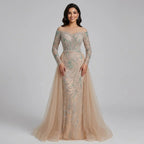 Serene Hill Nude Mermaid Long Sleeve Evening Dress with Overskirt Luxury Beaded Wedding Party Gown for Women Customized DLA71995
