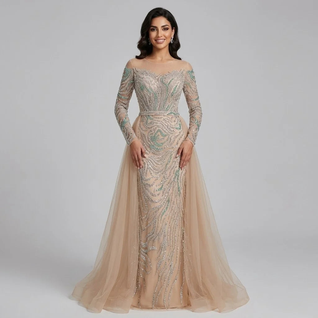 Serene Hill Nude Mermaid Long Sleeve Evening Dress with Overskirt Luxury Beaded Wedding Party Gown for Women Customized DLA71995