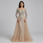Nude Mermaid Long Sleeve Evening Dress with Overskirt Luxury Beaded Wedding Party Gown for Women Customized | Nightbubo