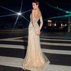 Robe de soirée sirène luxueuse en cristal rose nude avec franges LA72772