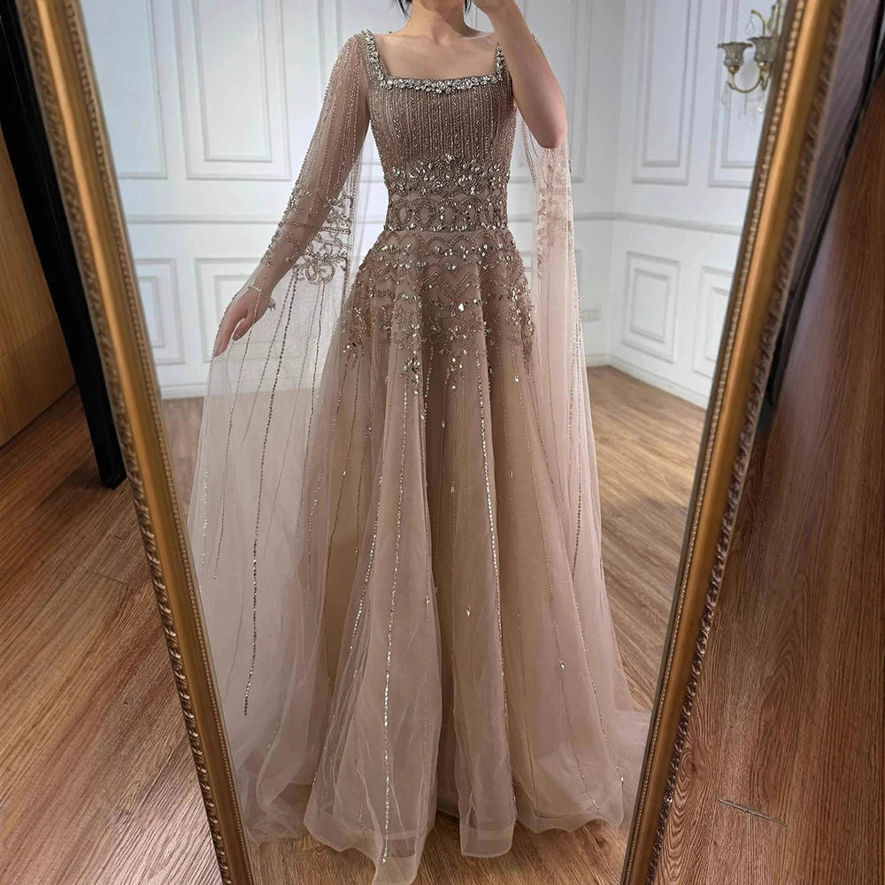 Serene Hill Red Square Collar A-Line Beaded Evening Dress with Cape Sleeves 2026 Party Gowns for Women DLA73089A Customized