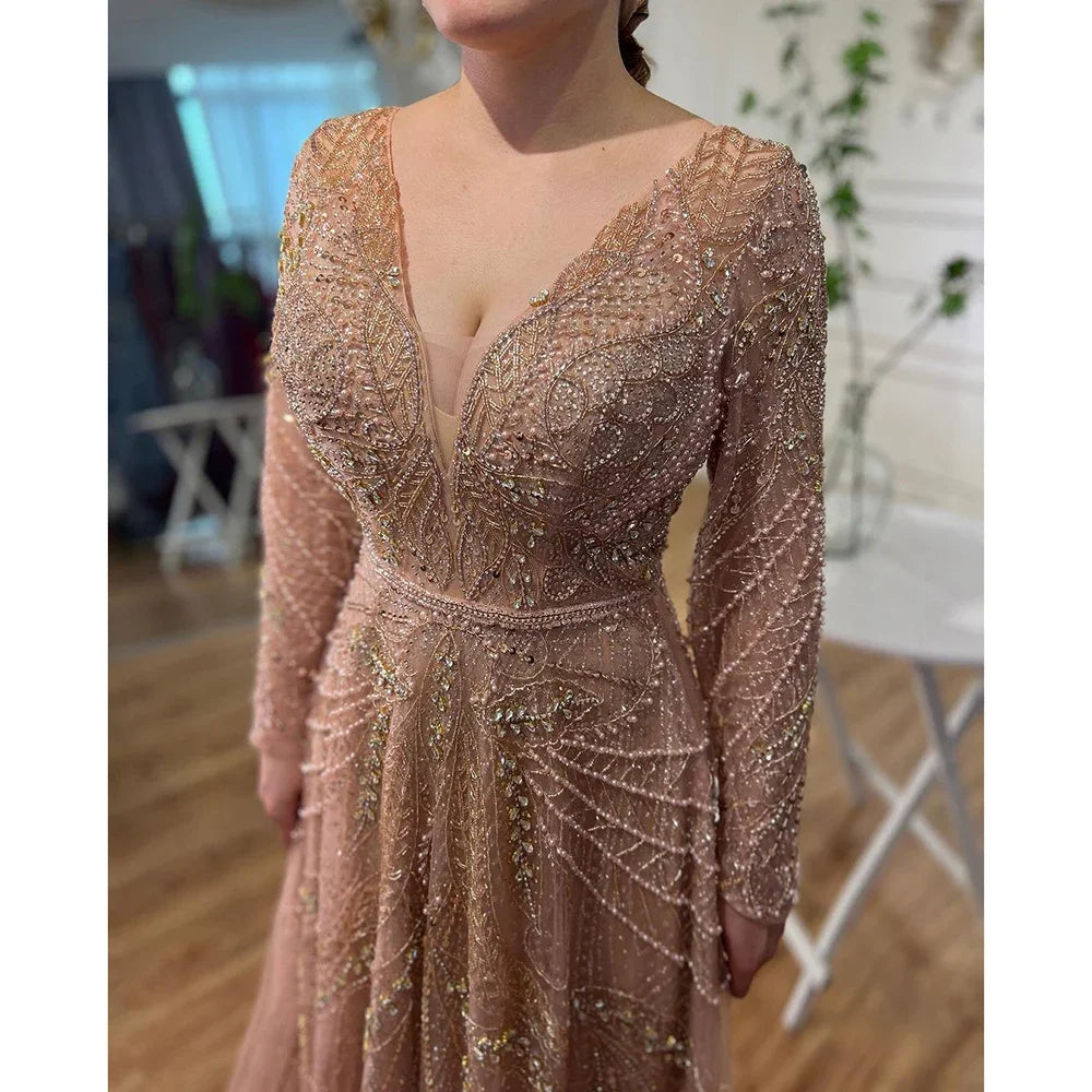 Serene Hill Ccustomized Rose Gold Long Sleeves A-Line Beaded Evening Party Gowns Mother of the Bride Dress DLA70287L