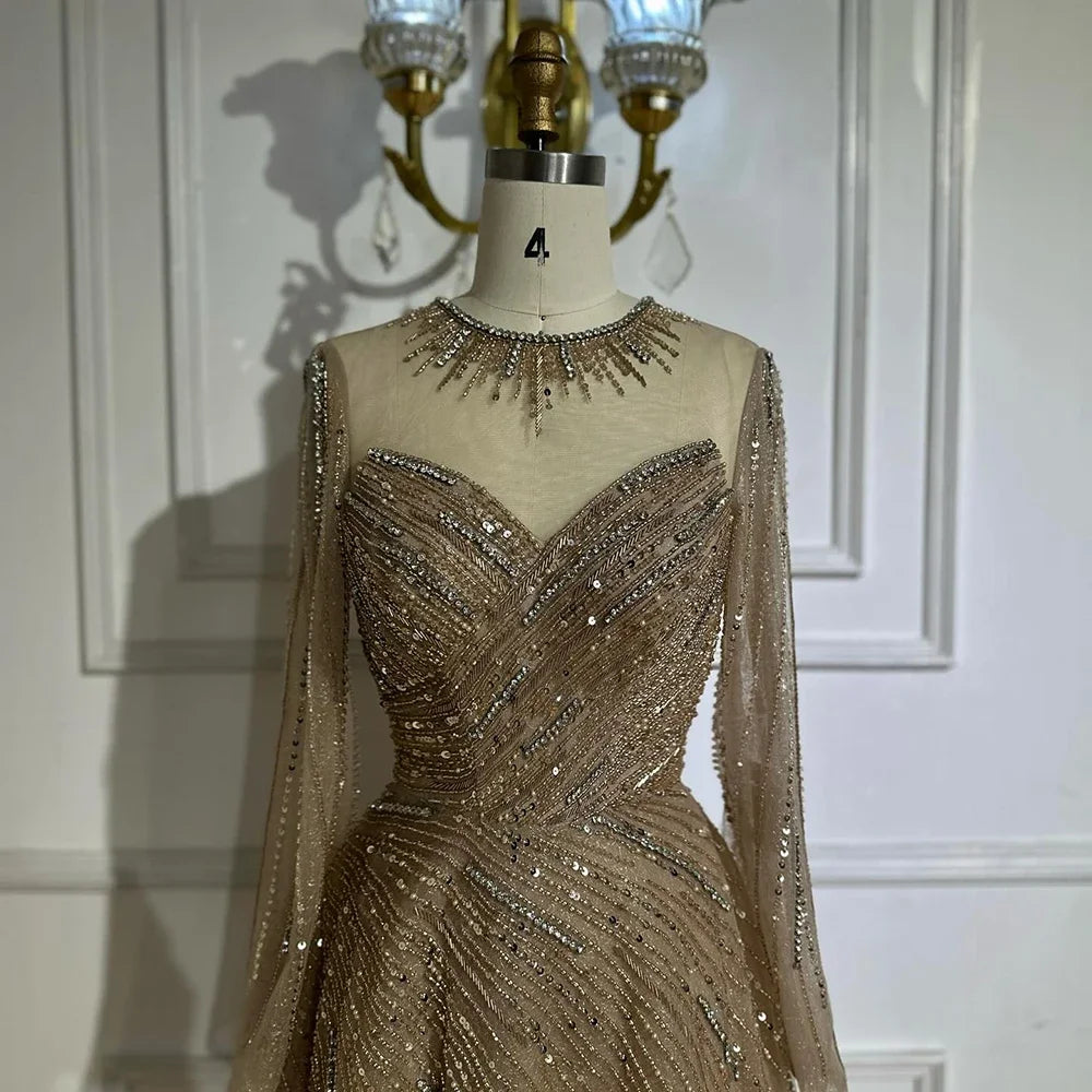 Serene Hill Custoomized Caramel Evening Prom Dress 2026 Elegant Long Sleeves A-Line Arabic Muslim Formal Party Gown DLA72563A