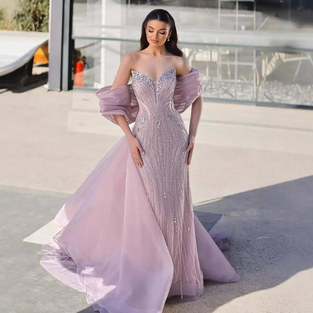 Serene Hill Pink 2025 Mermaid Beaded Evening Dresses with Cape Wedding Party Gowns for Women DLA73061 Customized