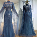Abito da sera modesto lussuoso blu sirena con mantella LA73006