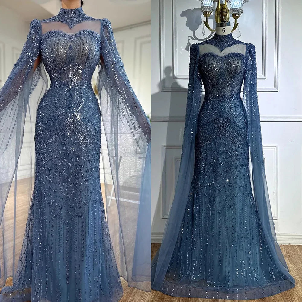 Abito da sera modesto lussuoso blu sirena con mantella LA73006