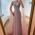 Abito da sera sirena con perline e mantella color nude lussuoso LA72814