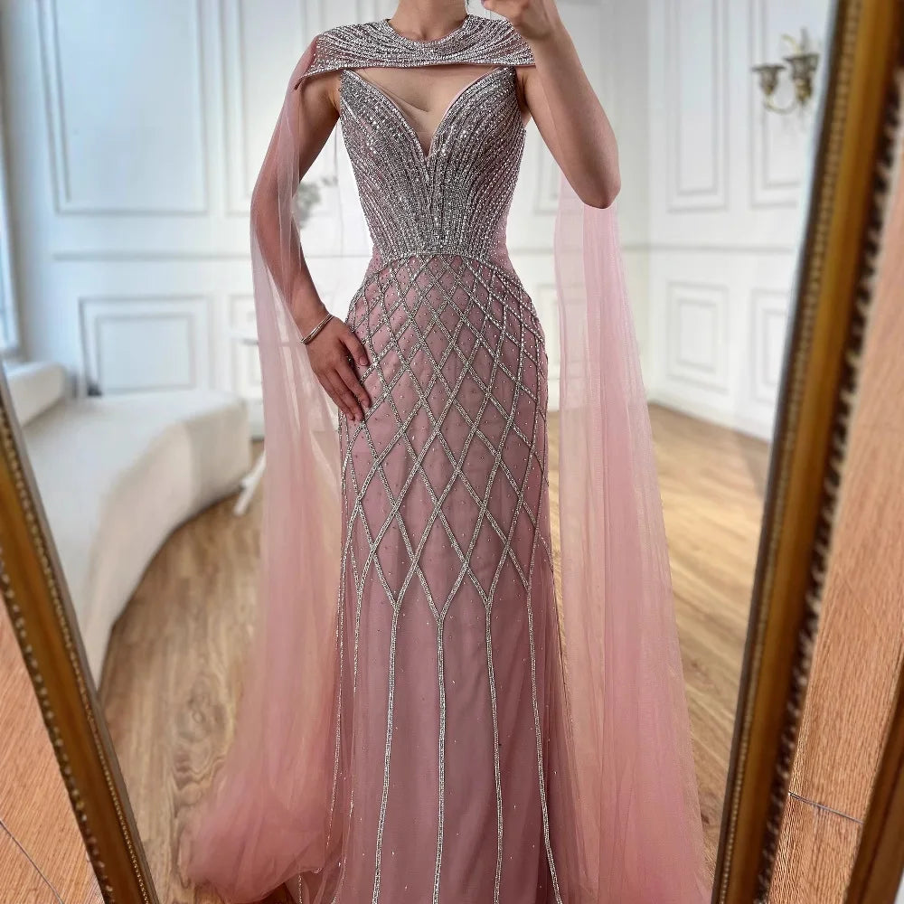 Abito da sera sirena con perline e mantella color nude lussuoso LA72814