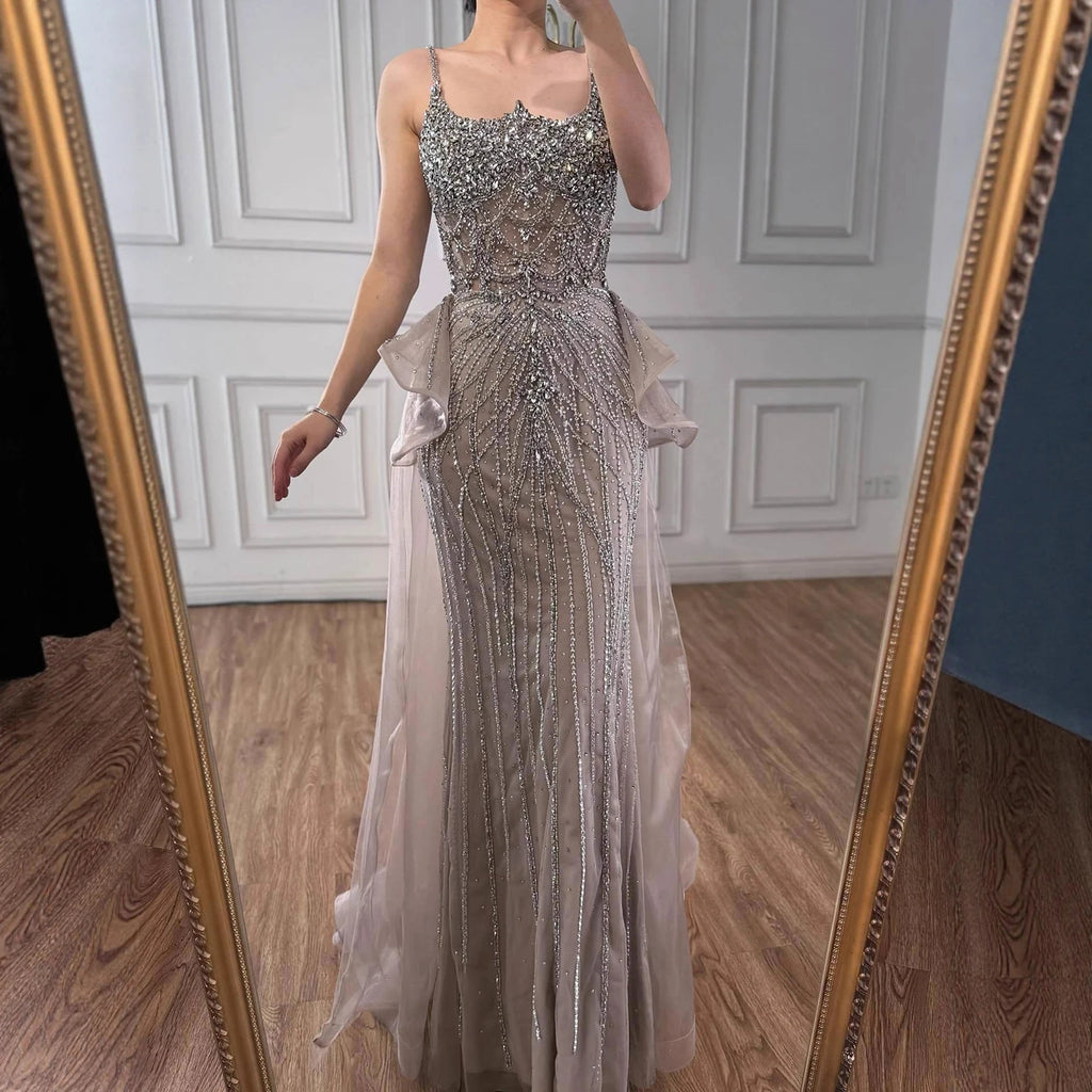 Serene Hill 2026 Luxury Caramel Crystal Beaded Spaghetti Strap Mermaid Evening Dress Gowns for Formal Party DLA72810A Customized