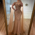 Abito da sera sirena con perline e mantella color nude lussuoso LA72814