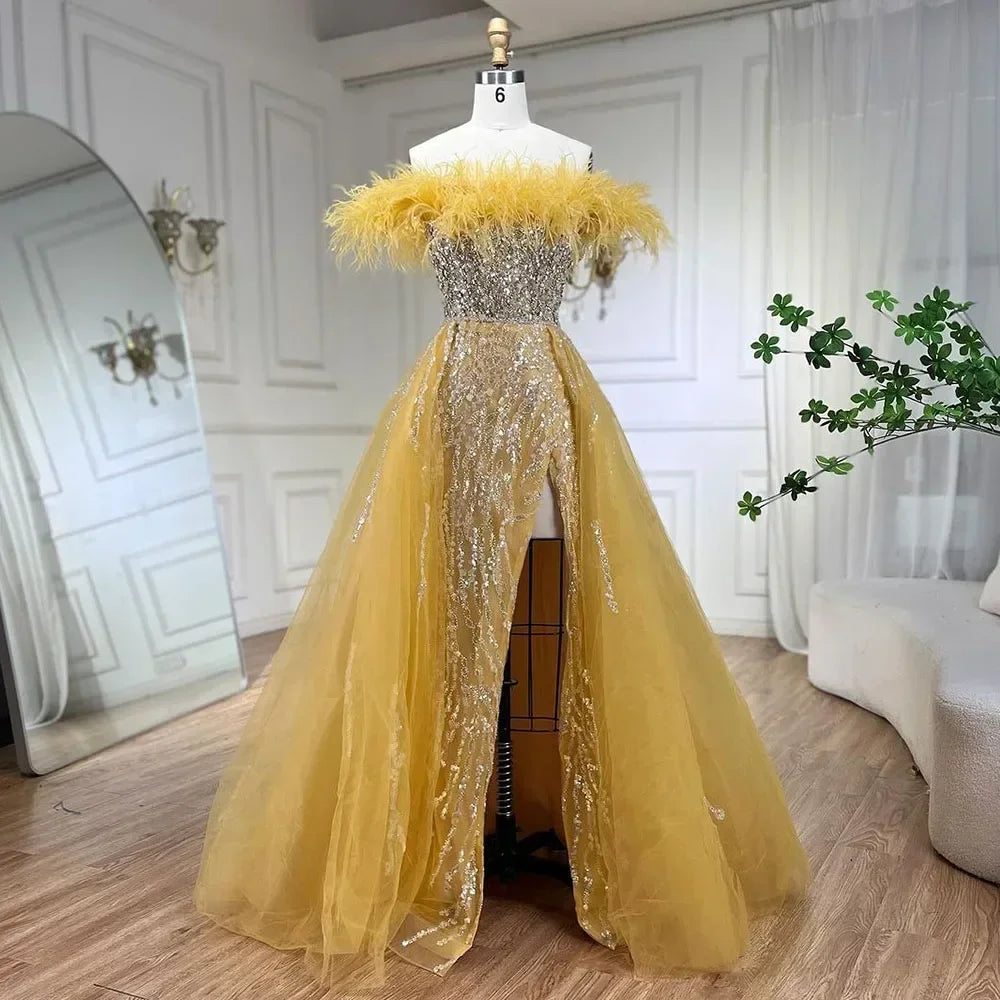 Serene Hill Yellow Feathers Beaded Mermaid Evening Dresses with Overskirt Side Slit Party Gowns for Women DLA72061 Customized