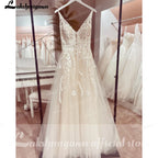 Lakshmigown V neck Tulle Boho Wedding Dresses Customized Lace Appliques A Line Bridal Gown Sukienka Open Back Wedding Gowns