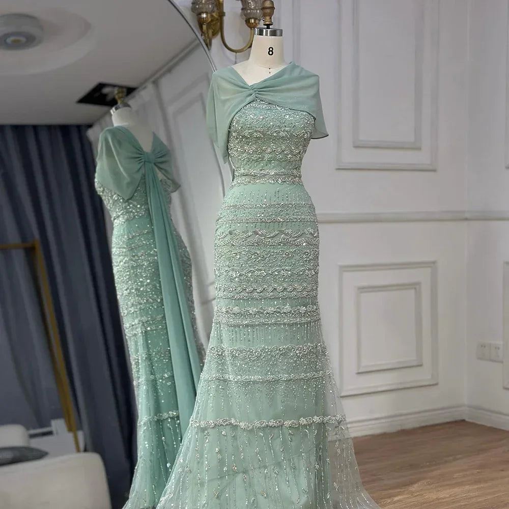 Serene Hill 2026 Customized Nude Mermaid Sleeveless Evening Dress with Long Cape Dubai Wedding Party Gowns for Women DLA72126B