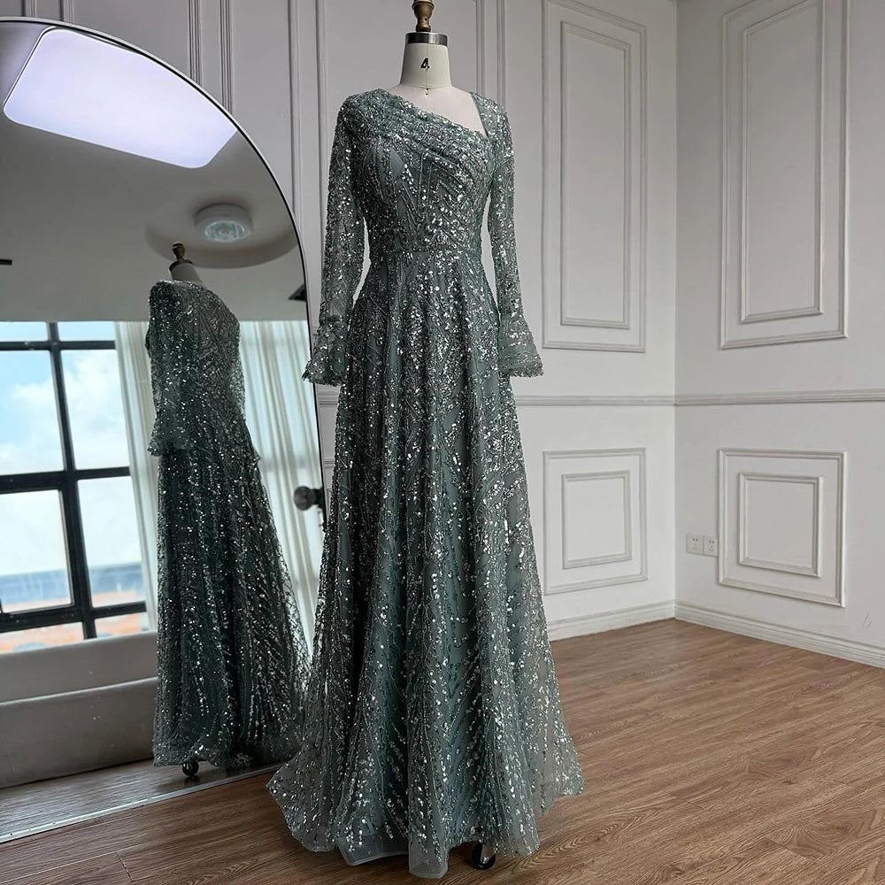 Serene Hill Turquoise Long Sleeves A Line Pearls Beaded Evening Dresses Elegant Party Gowns for Women DLA73177 Customized