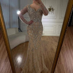 Serene Hill Turquoise V-neck Long Sleeve Mermaid Beaded Evening Dresses 2025 Luxury Party Gowns for Women DLA73042 Customized