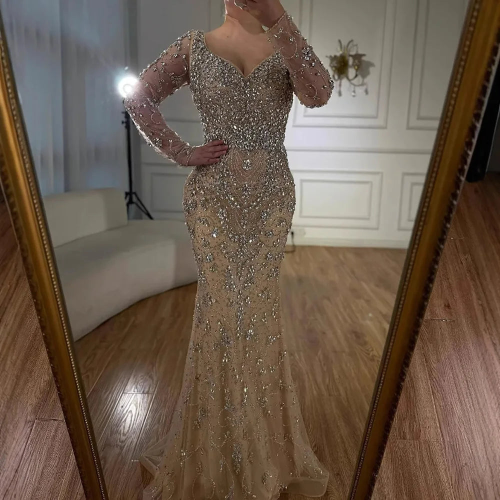 Serene Hill Turquoise V-neck Long Sleeve Mermaid Beaded Evening Dresses 2025 Luxury Party Gowns for Women DLA73042 Customized