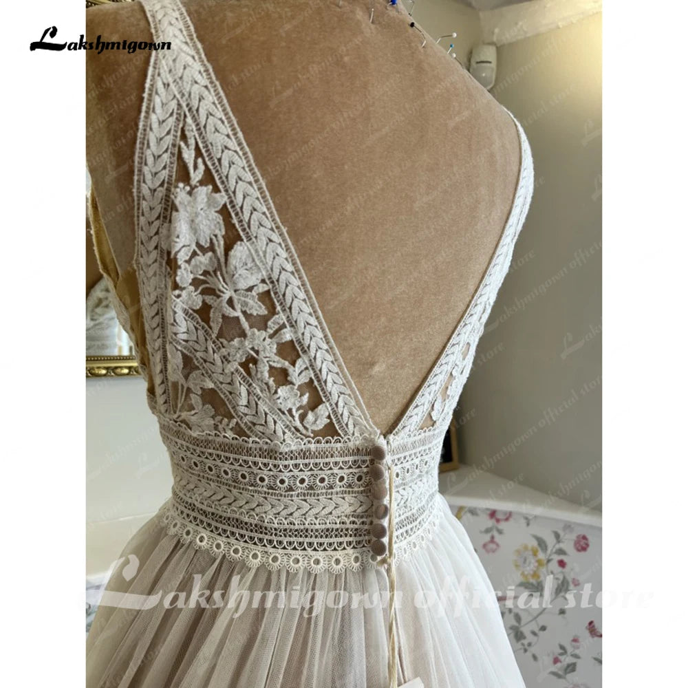 Lakshmigown V Neck Lace Appliques Boho Wedding Dress for Women Hochzeitskleid Robe Civil Boho Bridal Gown Vestido Novia
