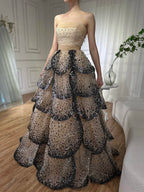 Serene Hill Customized 2025 Black Nude Strapless Evening Prom Dresses Sequined Tiered A-line Party Gowns for Women DLA72505A