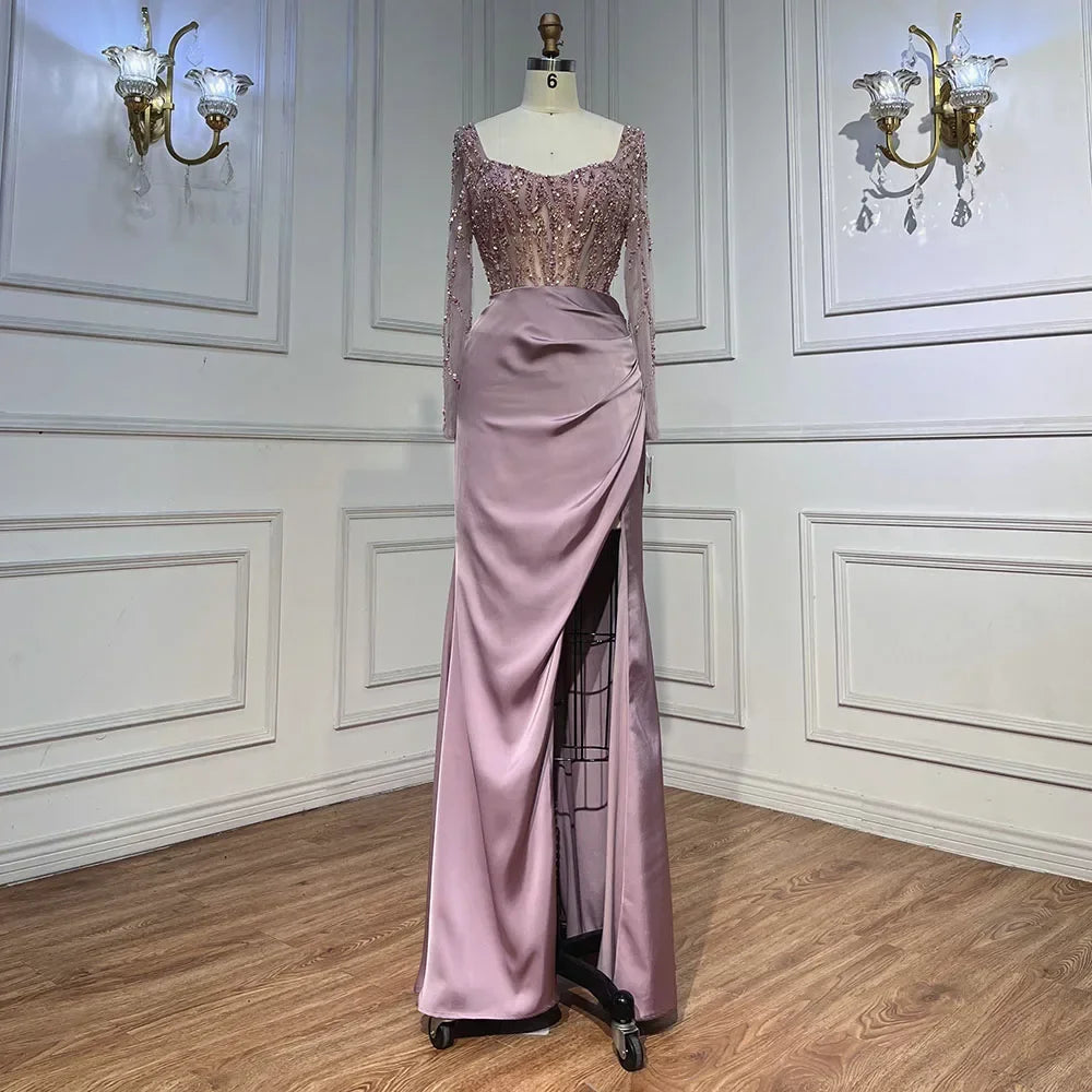 Serene Hill Customized Pink Long Sleeves Mermaid Split Beaded Two Pieces Evening Dresses 2025 Party Gowns For Women DLA71917