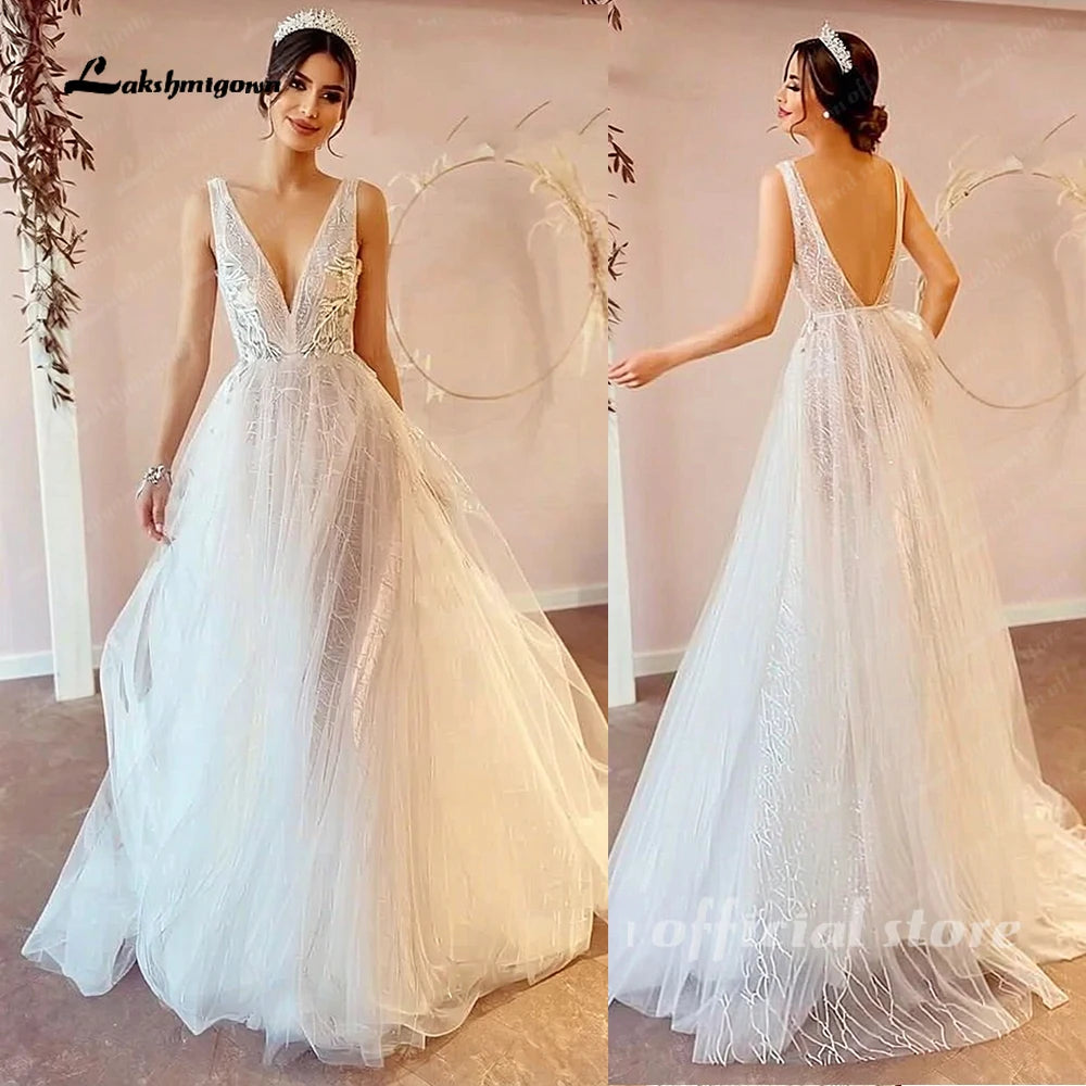 Lakshmigown Deep V-neck Tulle Wedding Dress Vintage Champagne Beach Wedding Dress Summer 2027 Vestido De Boda Civil  Customized