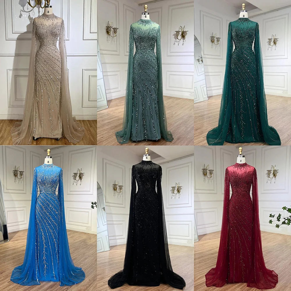 Serene Hill Customized Caramel Mermaid Beaded Cape Sleeves Evening Dresses 2024 Dubai Party Gowns for Women Wedding DLA71885A