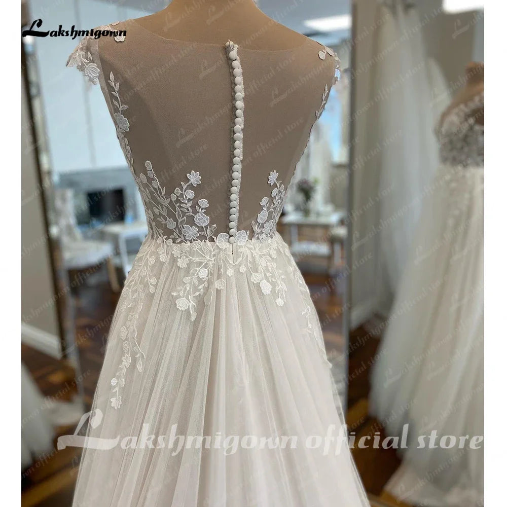 Lakshmigown Robe Boheme Bridal Beach Wedding Dress Customized Civil A Line Off White Tulle Long Wedding Gowns Cap Short Sleeves