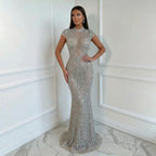 Serene Hill Silver 2026 High Neck Cap Sleeve Mermaid Evening Dress Luxury Beaded Party Gowns Vestidos Customized DLA73221