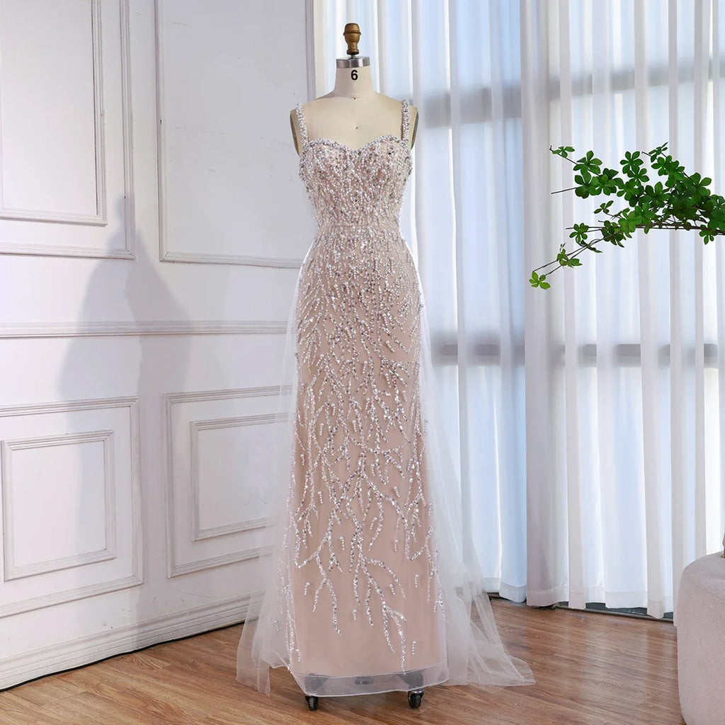 Abito da sera sirena in pizzo lussuoso con perle e guanto bianco nude LA72345E