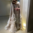 Serene Hill 2025 Champagne Mermaid Luxury Cape Sleeves Beaded Satin Saudi Evening Dresses Gowns for Party DLA72317A Customized