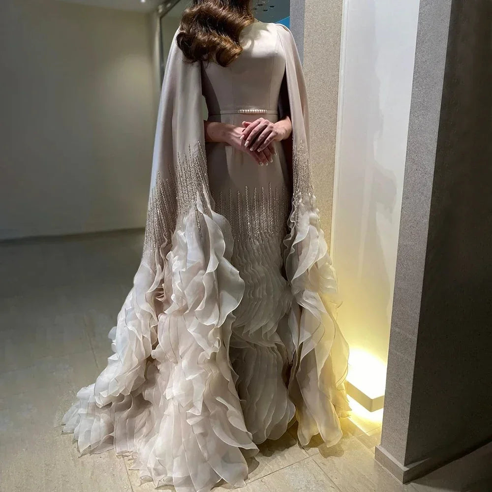 Serene Hill 2025 Champagne Mermaid Luxury Cape Sleeves Beaded Satin Saudi Evening Dresses Gowns for Party DLA72317A Customized