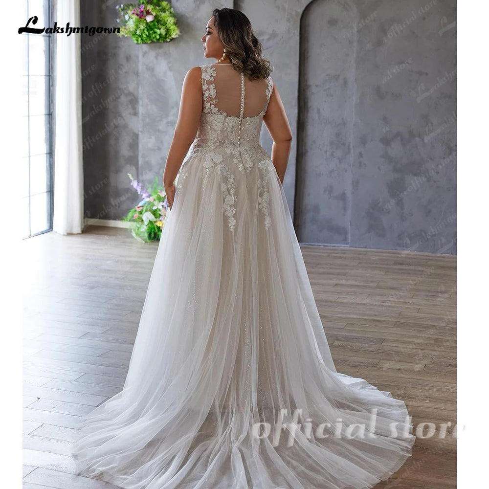 Lakshmigown Plus Size V-neck Wedding Dresses For Woman Bride Illusion Back A-line Tulle Appliques Bridal Gown Customized