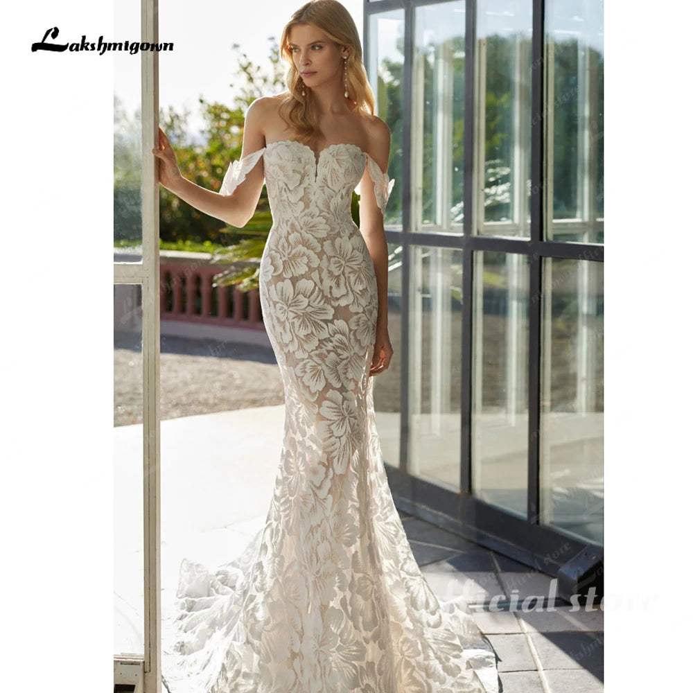 Lakshmigown Luxury Lace Mermaid Wedding Dress Off the Shoulder Sweetheart Bridal Gown Customized Sweep Train Vestidos De Novia