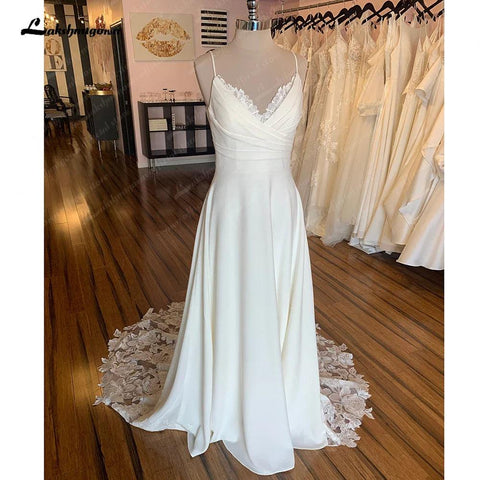 Vestido de noiva estilo Boho, de cetim macio, elegante, com decote em V, cauda longa, simples, para mulher, 2025, Robe de Mariée 