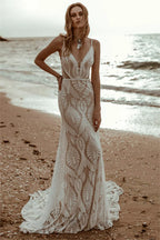 Customized Bohemian Lace Wedding Dress Deep V Neck Mermaid Gown Bridal Dress Sheer Panel Train Wedding Occasion Gown