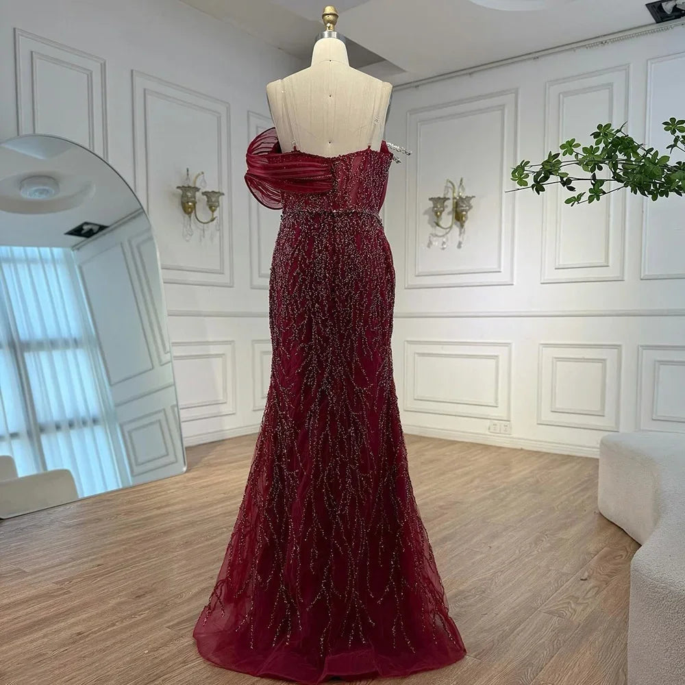 Serene Hill Wine Red Mermaid One Shoulder Beaded Cut Out Evening Dresses Classic Party  Gowns for Women DLA72455 Customized