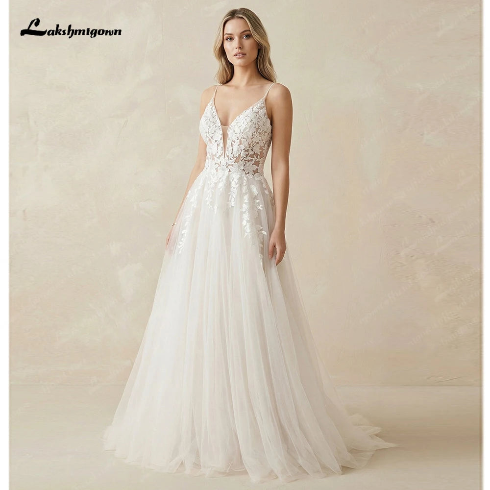Lakshmigown Boho Lace Appliques Wedding Dress Spaghetti Straps Bohemian Wedding Gown for Garden Beach  Customized