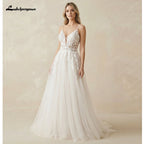 Lakshmigown Boho Lace Appliques Wedding Dress Spaghetti Straps Bohemian Wedding Gown for Garden Beach  Customized