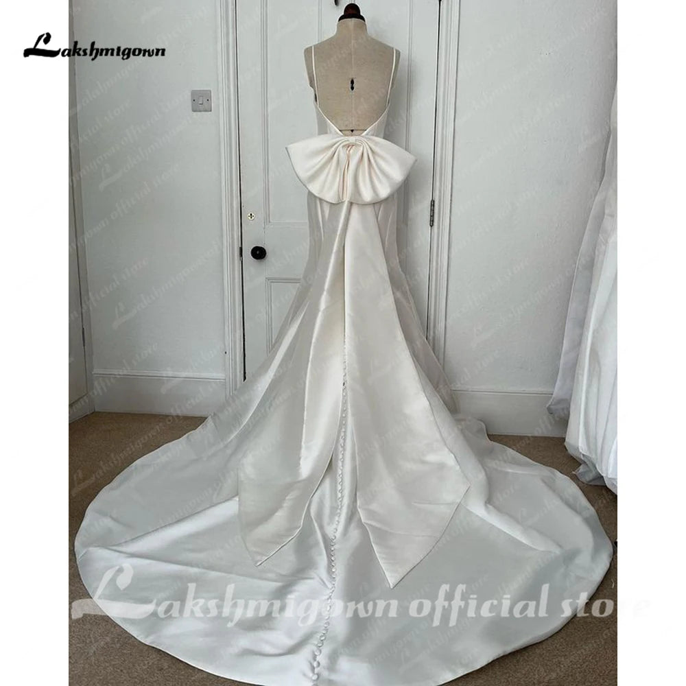 Lakshmigown Satin Mermaid Wedding Dress Spaghetti Straps Vestido Civil Princess Bridal Dress Backless with Bow