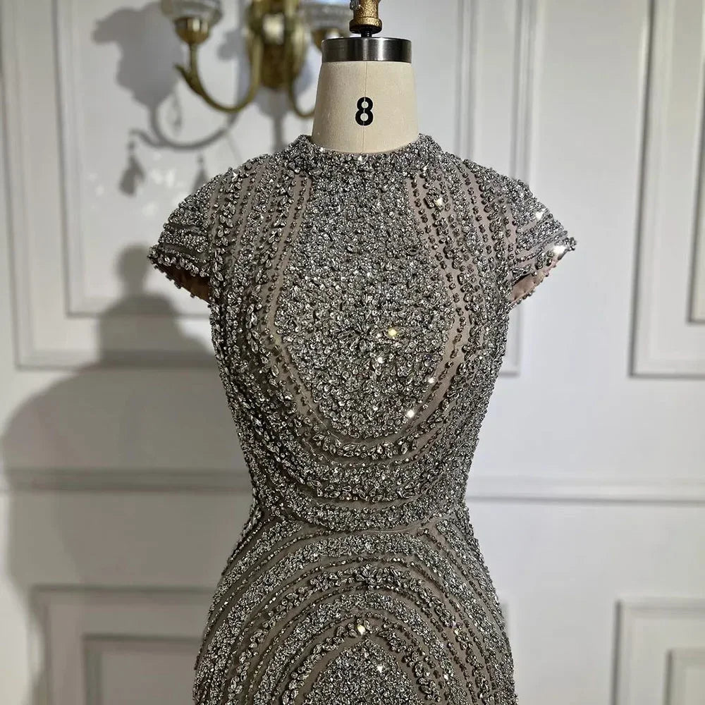 Serene Hill Gray Nude Cap Sleeves Mermaid Beaded Luxury Evening Dresses Formal Party Gowns for Women DLA72344 Customized