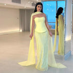 Vestido de Noite de Sereia em Chiffão Amarelo de Luxo com Capa LA73007