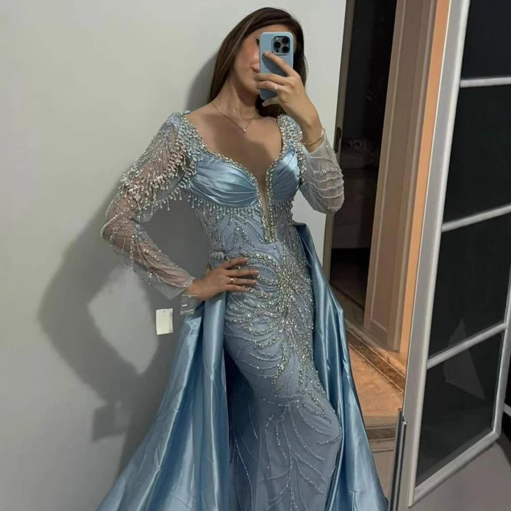 Serene Hill Customized 2026 High-end Beaded Blue Long Sleeves Evening Dress with Overskirt Satin Party Gowns for Women DLA72963
