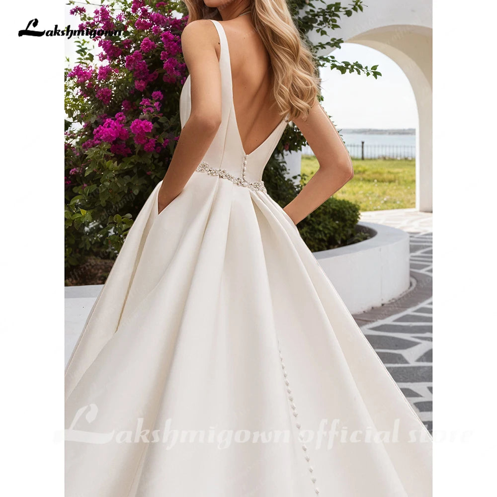 Lakshmigown Sexy Plunging V Neck Satin Wedding Dresses with Belt New A Line Bridal Gowns Vestidos De Nova Customized