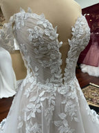 Lakshmigown Boho Off Shoulder Wedding Dress Deep V Neck Illusion Bodice A‑Line Tulle Bridal Gown 3D Leaf Lace Appliqu Customized
