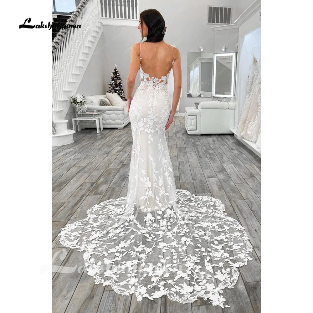 Lakshmigown Lace Mermaid Wedding Dress Spaghetti Straps Cut Out Long Train Bridal Gowns Vestidos de Nova