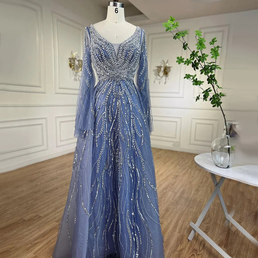 Serene Hill Customized Blue A Line Beaded Evening Dresses Arabic Wedding Party Formal Gowns 2024 For Women DLA72099 rts